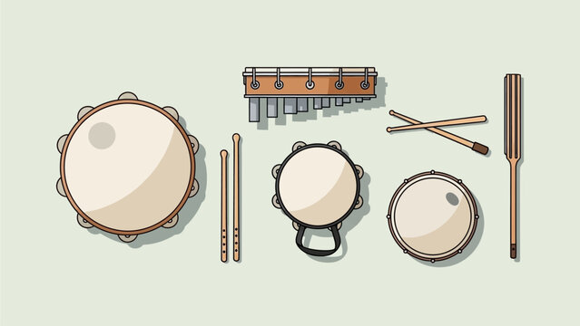 A harmonious flat design illustration showcasing essential samba instruments vital to the Rio Carnival soundtrack. This clean, modern 2D vector graphic represents the rhythmic heart of Brazilian celeb