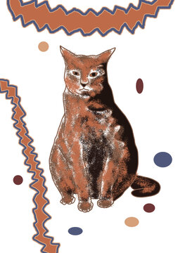 Creative Christmas wallpaper with animals. Cute cartoon pet. Silhouette of orange brown cat. Abstract geometric ornament of flying circles and ruffled ribbons. Digital pattern for print or tattoo.