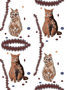 Silhouettes of orange brown cats. Abstract geometric ornament flying circles and ruffled ribbons. Seamless pattern for print or tattoo. Digital art. Creative Christmas wallpaper with animals. Cute pet