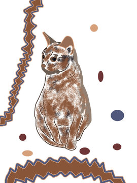 Silhouette of orange brown cat. Abstract geometric ornament of flying circles and ruffled ribbons. Digital pattern for print or tattoo. Creative Christmas wallpaper with animals. Cute cartoon pet.