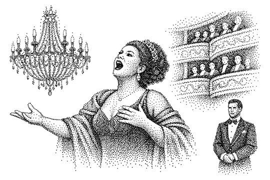 Elegant dot art depiction of an opera performance with a chandelier and audience