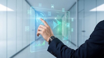 Businessman interacting with futuristic digital interface in modern office