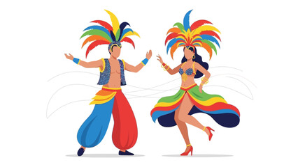 A joyful flat design illustration of a couple dancing samba in vibrant carnival costumes, embodying the energy of Rio Carnival 2026. 