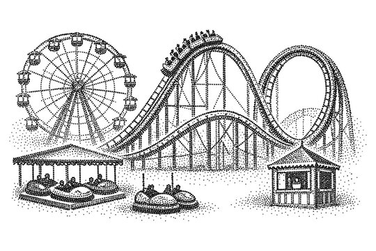 Dot art amusement park with roller coaster and ferris wheel