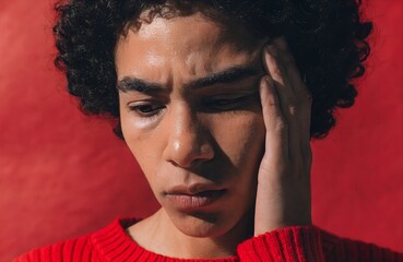 Red Mood Portrait &ndash; Person in Red Sweater Touching Face Against Monochrome Background with Shadowed Expression, red, portrait, emotion, sweater, shadow, contemplation, indoor, gesture