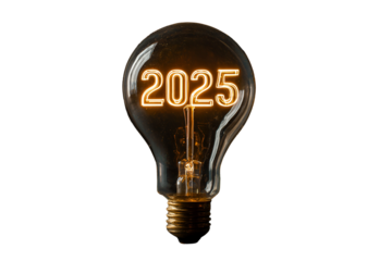 Glowing light bulb with 2025 illuminated in warm yellow light