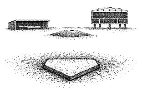 Retro halftone baseball field with dugout and scoreboard