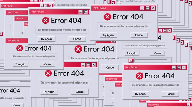 Cascading Vintage System Error 404 Warning Messages on a computer screen