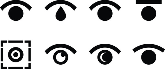 Professional eye icon set featuring various minimalist vision symbols teardrop pupil shapes and biometric tracking focus square designs.