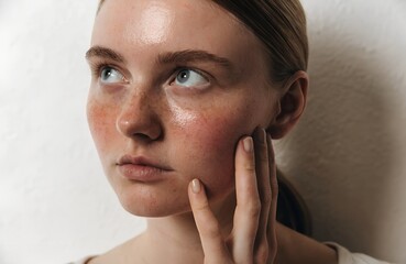 Natural Skin Texture Concept &ndash; Close-Up of Freckled Face with Flushed Cheeks and Hand Touching Cheek, skin, face, freckles, blush, texture, portrait, cosmetic, beauty, natural, hand, cheek, white back