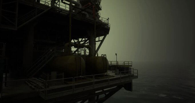 An oil rig stands tall over dark waters as fog envelops the area, obscuring visibility. Equipment can be seen on the structure, highlighting its industrial purpose at twilight.