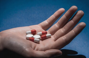 Medication and Health Concept &ndash; Open Hand Holding Capsules and Tablets Against Dark Blue Background, pills, medication, healthcare, pharmaceutical, treatment, capsules, tablets, hand, health, drugs