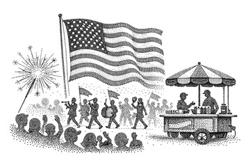 Patriotic celebration with parade and food stand in retro dot art style