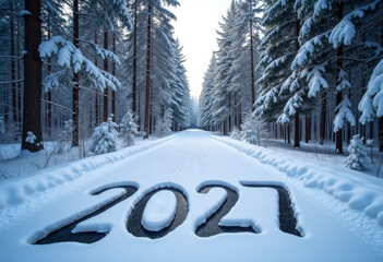 Text 2027 written on the snowy road in the snowy forest. New year 2027