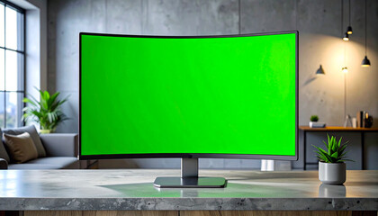 Fototapeta premium Curved computer monitor with chroma key green screen on concrete table