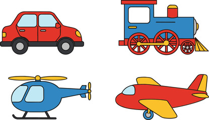 Cute cartoon transportation vehicles set including car train helicopter and airplane isolated on white vector © Sumon Creative