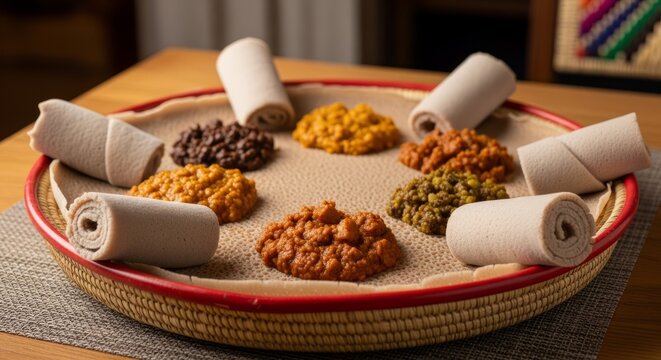 Vibrant Ethiopian food spread with injera bread and flavorful stews served on a woven platter.