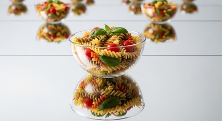 Fresh pasta salad with tomatoes and basil in a glass bowl, reflected on a shiny surface