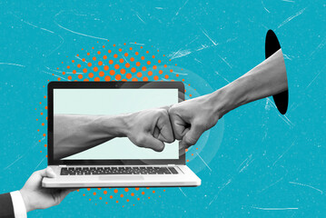 Creative art collage showing connection through technology with hands interacting from a laptop