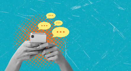 Hands holding a smartphone with chat bubbles against a blue background in an art collage style