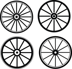 Vintage wooden wagon wheel silhouette set, rustic western carriage cart wheels, antique farm equipment vector illustration © MdMajnur