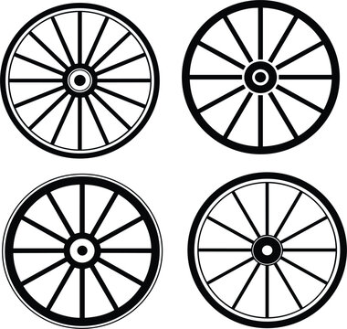 Vintage wooden wagon wheel silhouette set, rustic western carriage cart wheels, antique farm equipment vector illustration