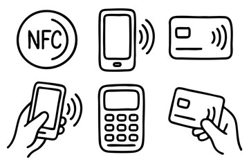 Nfc contactless payment and wireless technology icons set in outline doodle style