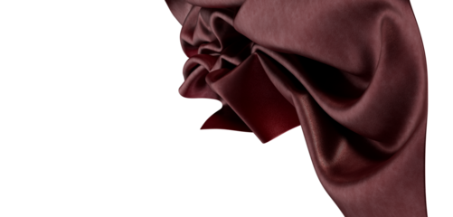 Close up of burgundy textile cloth with detailed texture and draped design against a white backdrop for seamless use.