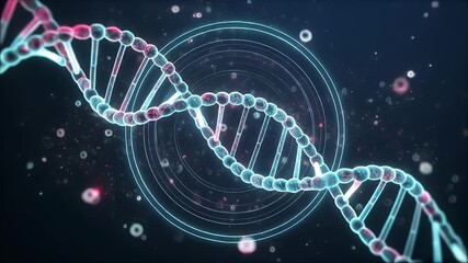 Vibrant glowing blue DNA double helix structure against a dark background with abstract particles and rings, representing genetic research and biotechnology. - Powered by Adobe