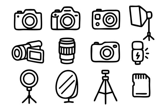 Photography and camera equipment icons set in simple outline doodle style