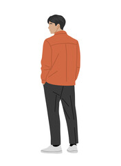 Minimalist vector illustration of a young man from behind wearing a rust-orange jacket, black pants, and white sneakers, clean modern style isolated on transparent background.