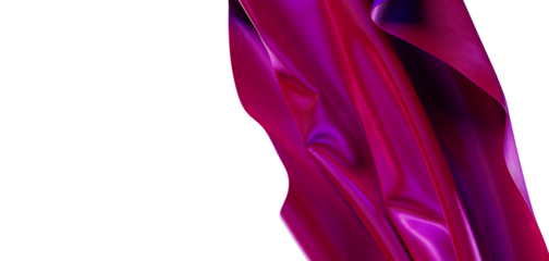 Close-up of elegant glossy fabric draped in vibrant shades of magenta and purple with a white background, perfect for de