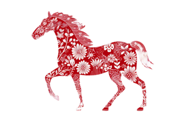 Vibrant red horse with white floral patterns on black background