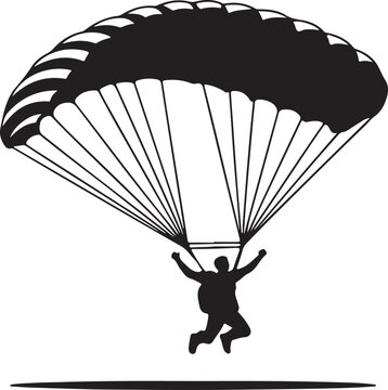 Silhouette of a skydiver descending with an open parachute against a white background