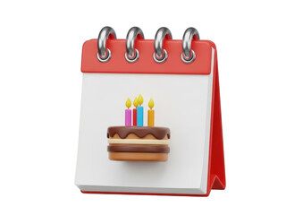 A small red desk calendar with a chocolate cake and colorful birthday candles on a transparent background