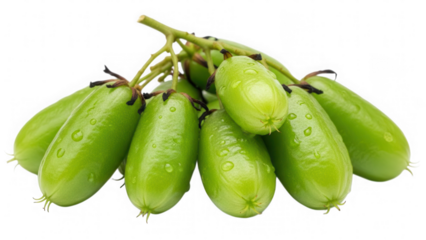 Fresh green okra pods with dew drops isolated on transparent background