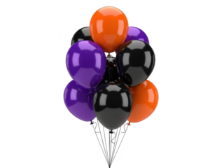 A bunch of purple, black, and orange balloons tied together with strings isolated on transparent background