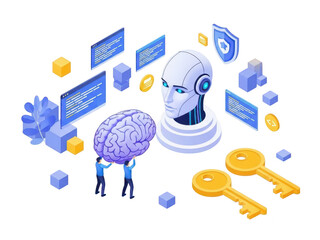 An illustration of a robot head with a human brain and various digital elements isolated on transparent background