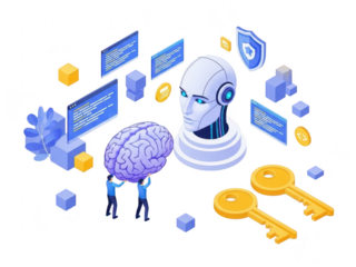 An illustration of a robot head with a human brain and various digital elements isolated on transparent background