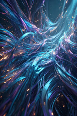 Abstract swirling strands of blue and purple light with glowing particles