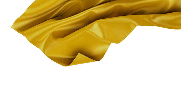 Close up of a luxurious golden fabric, rippling and flowing against a white backdrop. Perfect for elegant design and fas
