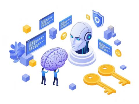 An illustration of a robot head with a human brain and various digital elements isolated on transparent background - Powered by Adobe