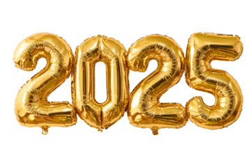 Golden balloons forming 2025 on black background for celebration