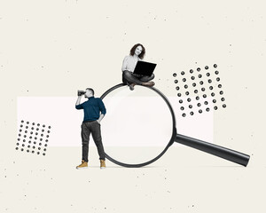A woman with a laptop and man with binoculars on a big magnifying glass. Art collage. Searching for information on the internet concept.