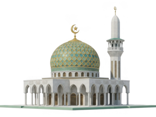 Intricate mosque model with dome and minaret isolated on transparent background