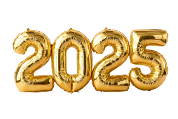 Shiny gold balloons spelling out 2025 on black background