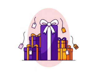 Colorful gifts with tags and bows on a light pink oval background isolated on transparent background