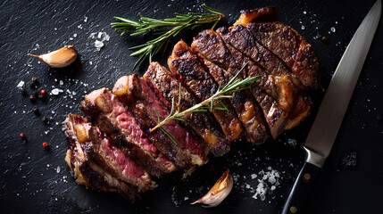 Overhead closeup of juicy ribeye steak being sliced with sharp knife showing rich marbling glistening juices and herbs on dark stone surface

