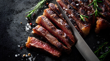 Overhead closeup of juicy ribeye steak being sliced with sharp knife showing rich marbling glistening juices and herbs on dark stone surface
