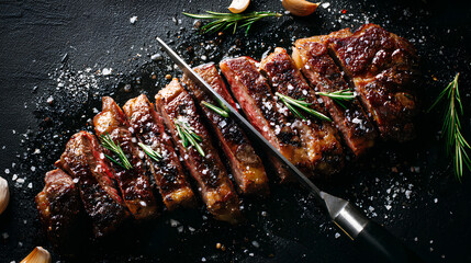 Overhead closeup of juicy ribeye steak being sliced with sharp knife showing rich marbling glistening juices and herbs on dark stone surface

